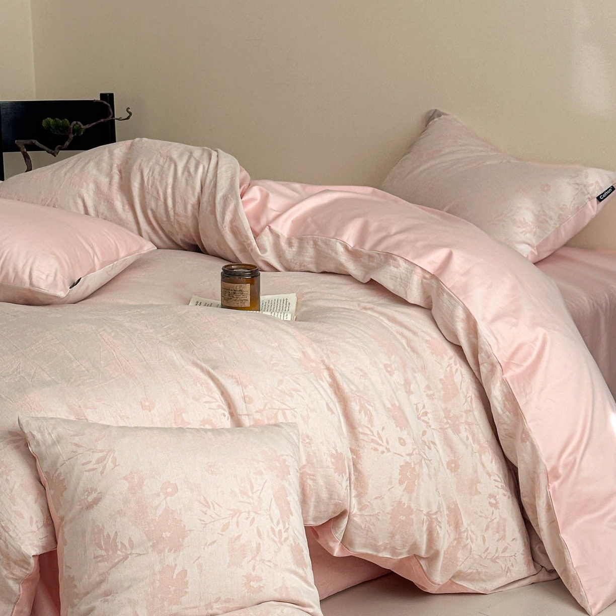 涵宸家纺 2026新款全棉提花色坊系列四件套 墨棉-粉