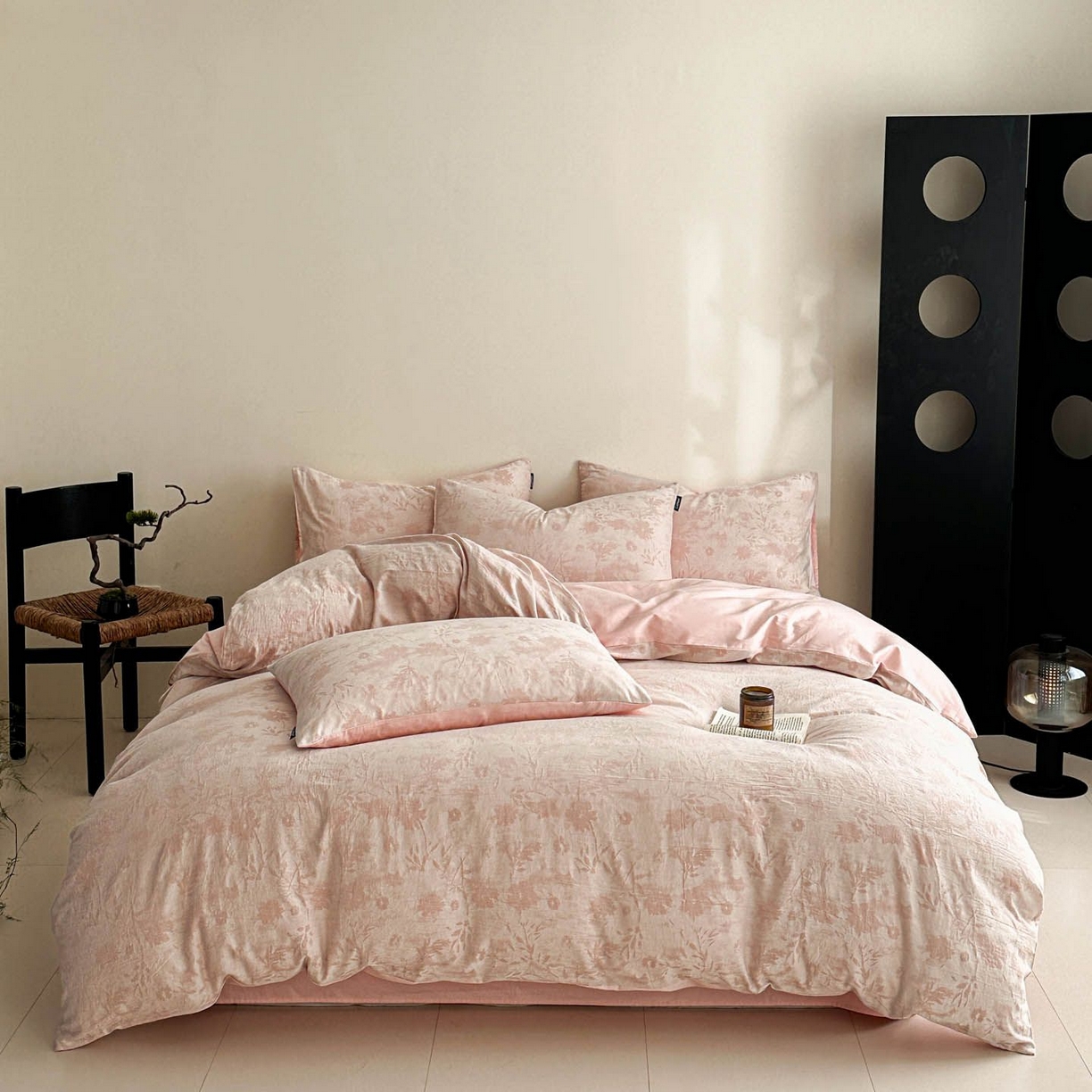 91家纺网 家纺一手货源 找家纺 涵宸家纺 2026新款全棉提花色坊系列四件套 墨棉-粉