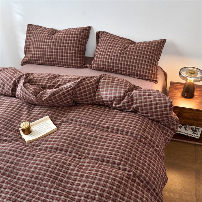 91家纺网 家纺一手货源 找家纺 兰紫橙家纺 2026新款全棉A类深色复古色织方格子水洗棉-赫本雅素系列（含买家秀和质检报告） 莫奈红