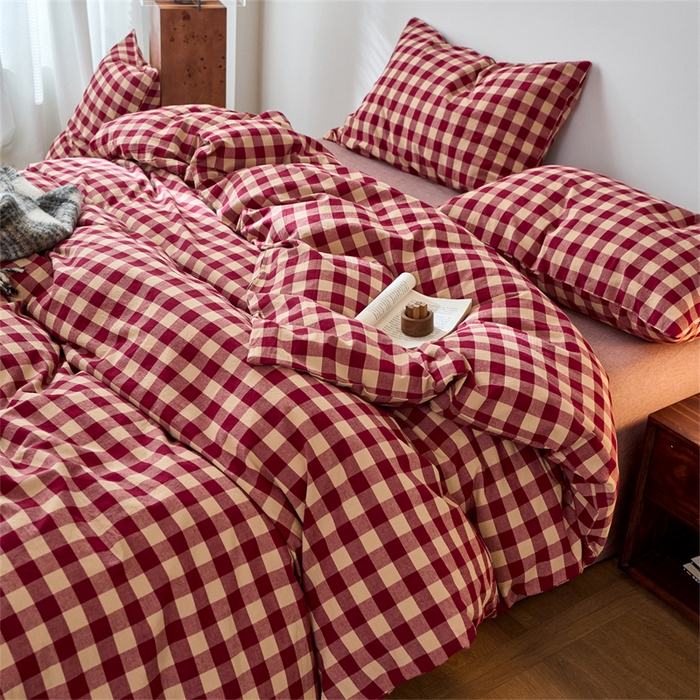 91家纺网 家纺一手货源 找家纺 兰紫橙家纺 2026新款全棉A类深色复古色织方格子水洗棉-赫本雅素系列（含买家秀和质检报告） 雅素红