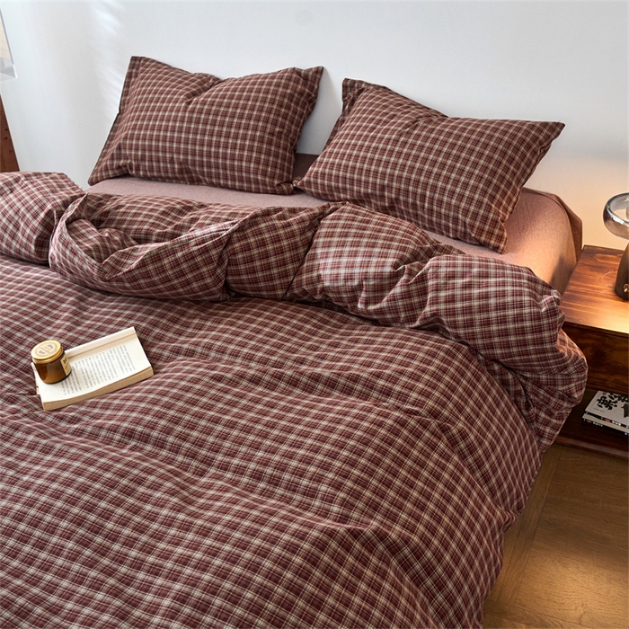 兰紫橙家纺 2026新款全棉A类深色复古色织方格子水洗棉-赫本雅素系列（含买家秀和质检报告） 莫奈红