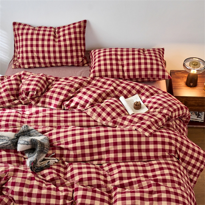 91家纺网 家纺一手货源 找家纺 兰紫橙家纺 2026新款全棉A类深色复古色织方格子水洗棉-赫本雅素系列（含买家秀和质检报告） 雅素红