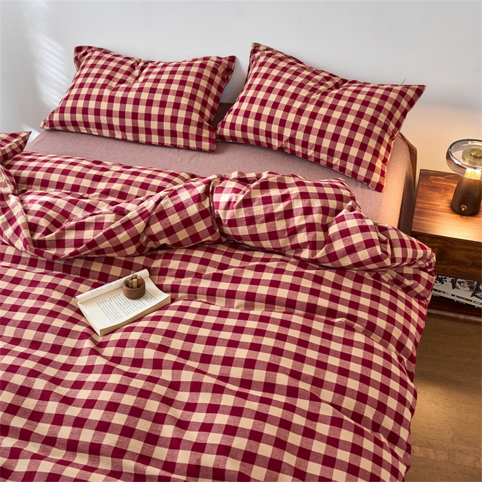兰紫橙家纺 2026新款全棉A类深色复古色织方格子水洗棉-赫本雅素系列（含买家秀和质检报告） 雅素红