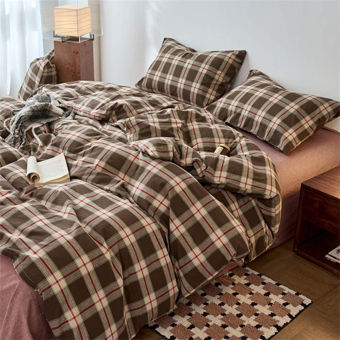 91家纺网 家纺一手货源 找家纺 兰紫橙家纺 2026新款全棉A类深色复古色织方格子水洗棉-赫本雅素系列（含买家秀和质检报告） 木槿咖