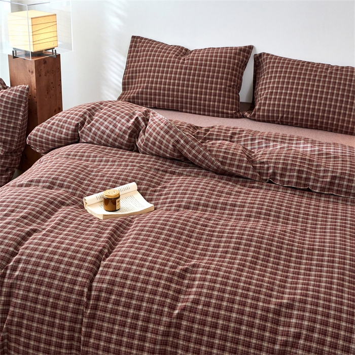 91家纺网 家纺一手货源 找家纺 兰紫橙家纺 2026新款全棉A类深色复古色织方格子水洗棉-赫本雅素系列（含买家秀和质检报告） 莫奈红