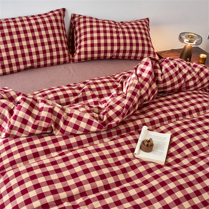 91家纺网 家纺一手货源 找家纺 兰紫橙家纺 2026新款全棉A类深色复古色织方格子水洗棉-赫本雅素系列（含买家秀和质检报告） 雅素红
