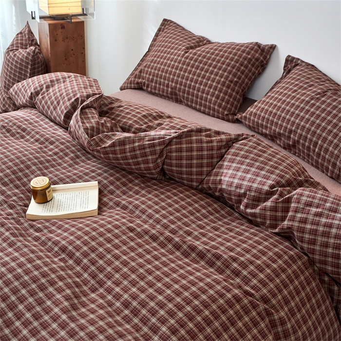 91家纺网 家纺一手货源 找家纺 兰紫橙家纺 2026新款全棉A类深色复古色织方格子水洗棉-赫本雅素系列（含买家秀和质检报告） 莫奈红