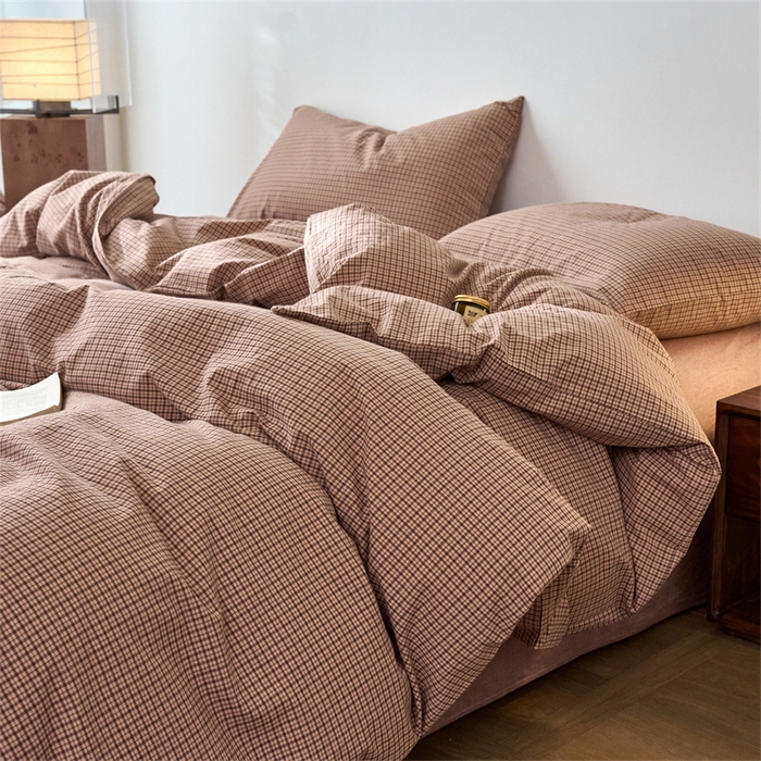91家纺网 家纺一手货源 找家纺 兰紫橙家纺 2026新款全棉A类深色复古色织方格子水洗棉-赫本雅素系列（含买家秀和质检报告） 沐风粉