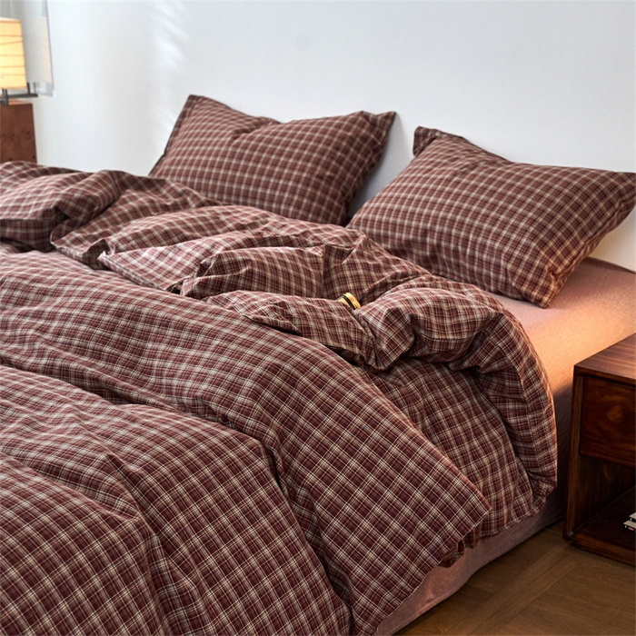 91家纺网 家纺一手货源 找家纺 兰紫橙家纺 2026新款全棉A类深色复古色织方格子水洗棉-赫本雅素系列（含买家秀和质检报告） 莫奈红