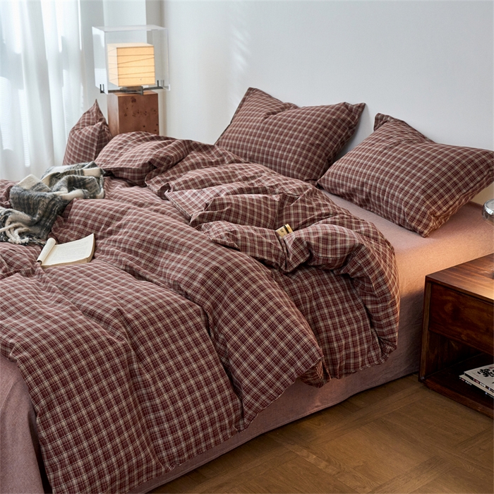 91家纺网 家纺一手货源 找家纺 兰紫橙家纺 2026新款全棉A类深色复古色织方格子水洗棉-赫本雅素系列（含买家秀和质检报告） 莫奈红