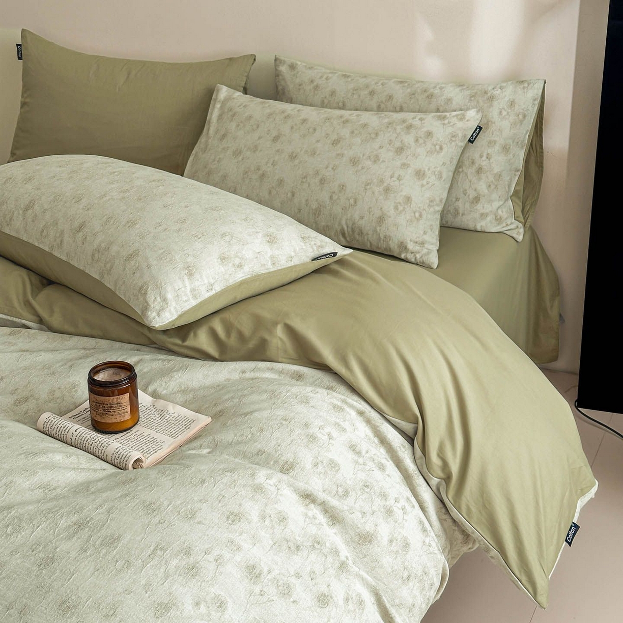 91家纺网 家纺一手货源 找家纺 涵宸家纺 2026新款全棉提花色坊系列四件套 若梦-绿