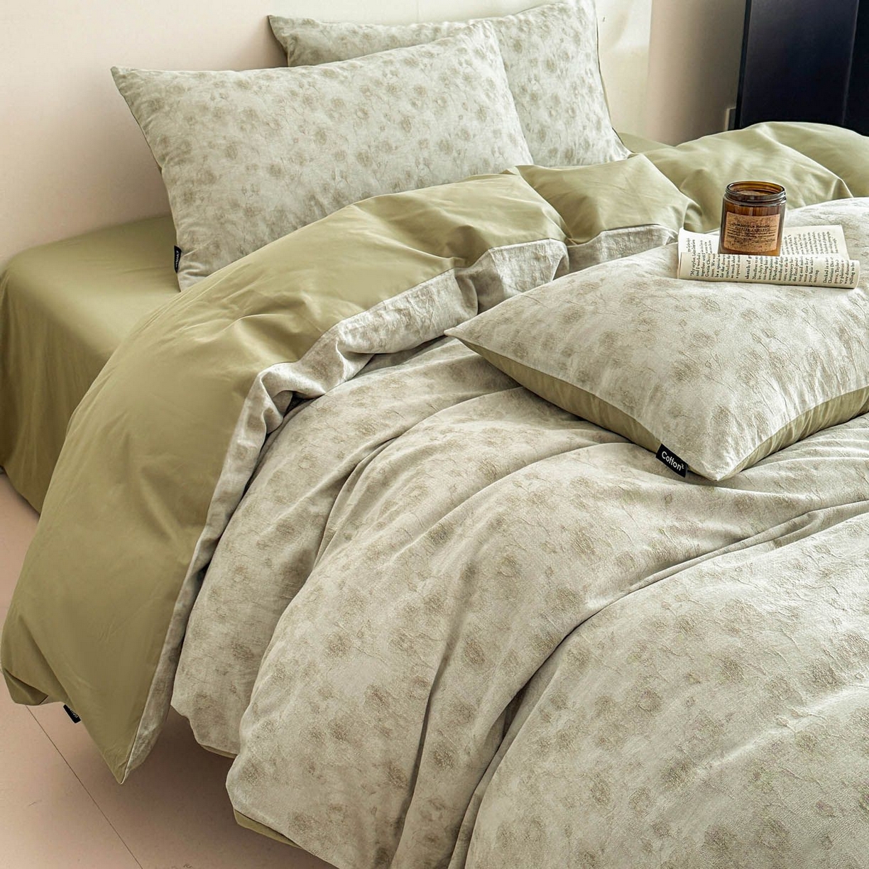 91家纺网 家纺一手货源 找家纺 涵宸家纺 2026新款全棉提花色坊系列四件套 若梦-绿