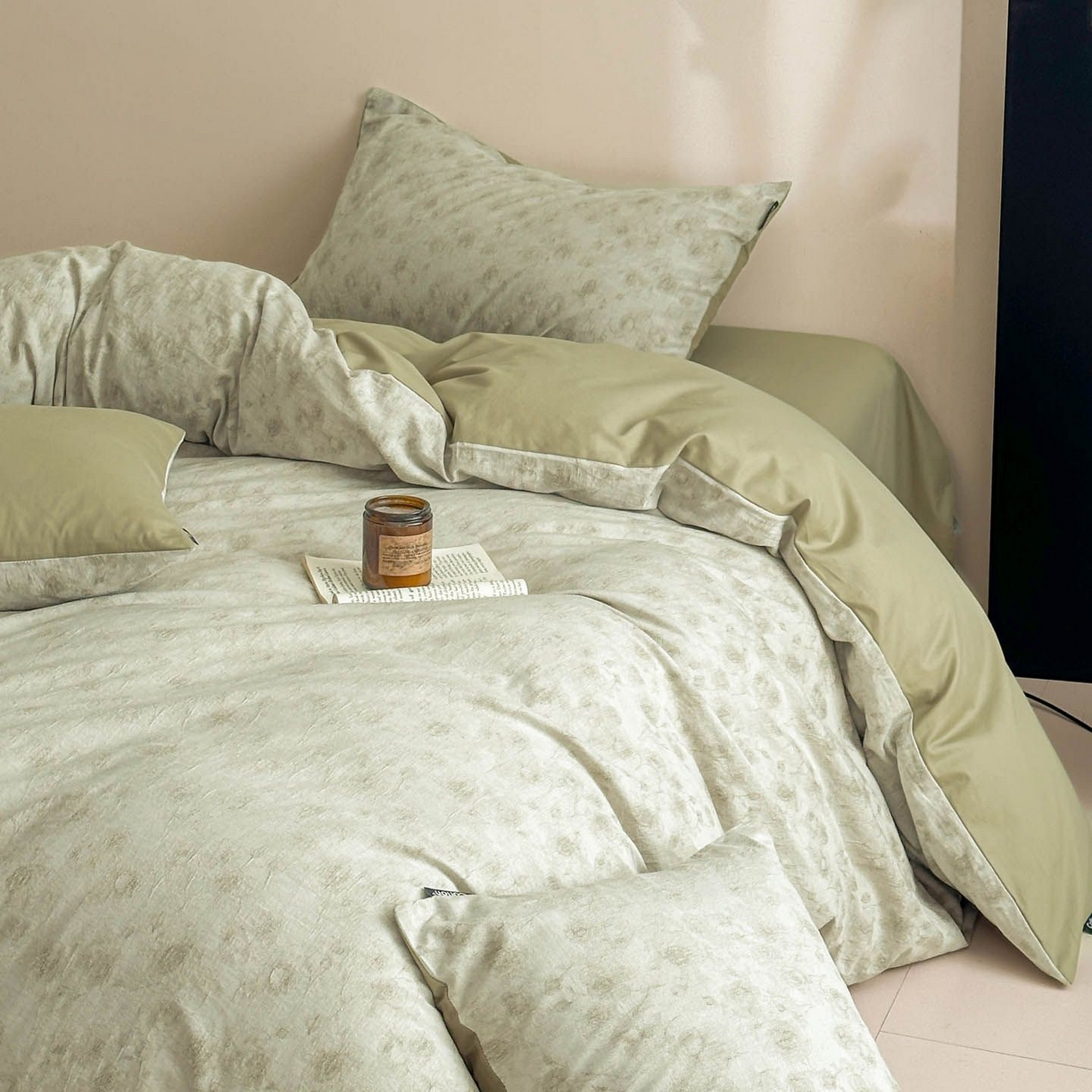 91家纺网 家纺一手货源 找家纺 涵宸家纺 2026新款全棉提花色坊系列四件套 若梦-绿