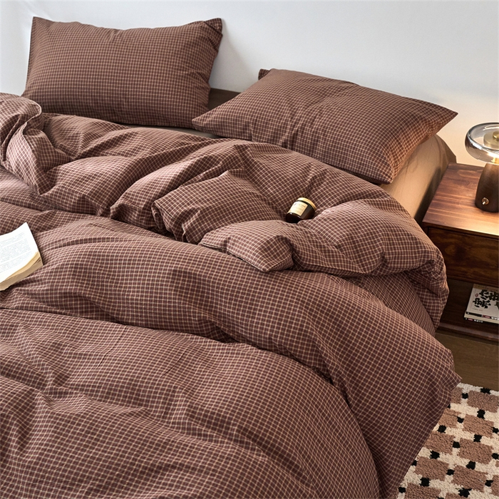 91家纺网 家纺一手货源 找家纺 兰紫橙家纺 2026新款全棉A类深色复古色织方格子水洗棉-赫本雅素系列（含买家秀和质检报告） 沐风焦糖