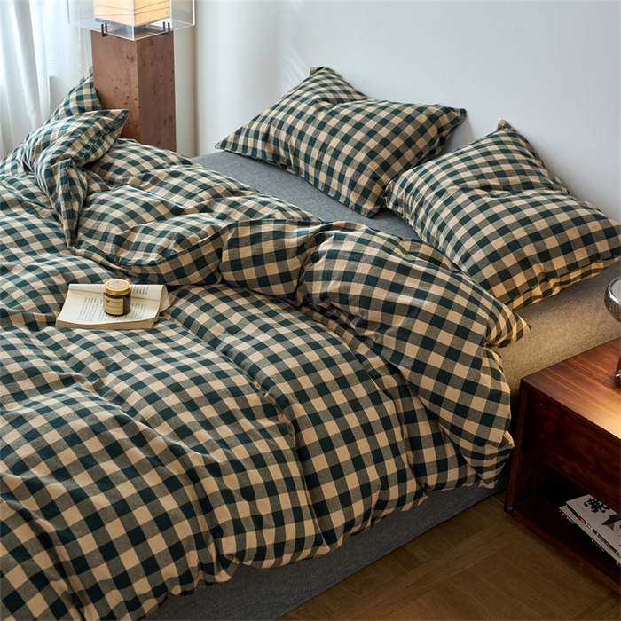 91家纺网 家纺一手货源 找家纺 兰紫橙家纺 2026新款全棉A类深色复古色织方格子水洗棉-赫本雅素系列（含买家秀和质检报告） 雅素绿