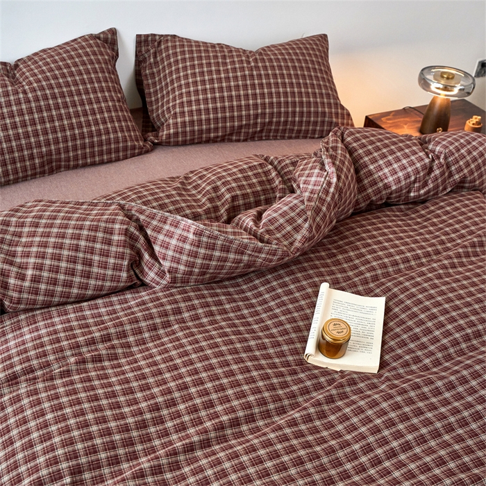 91家纺网 家纺一手货源 找家纺 兰紫橙家纺 2026新款全棉A类深色复古色织方格子水洗棉-赫本雅素系列（含买家秀和质检报告） 莫奈红