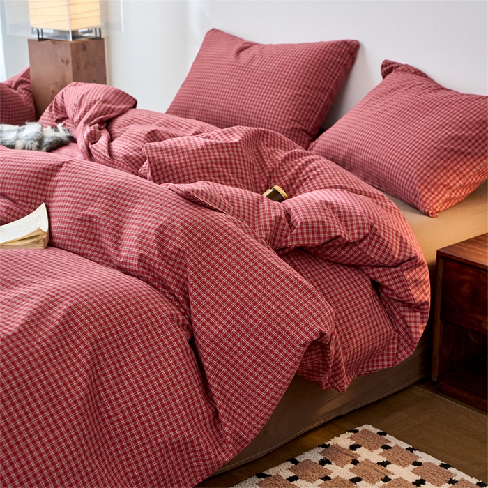 91家纺网 家纺一手货源 找家纺 兰紫橙家纺 2026新款全棉A类深色复古色织方格子水洗棉-赫本雅素系列（含买家秀和质检报告） 赫本红