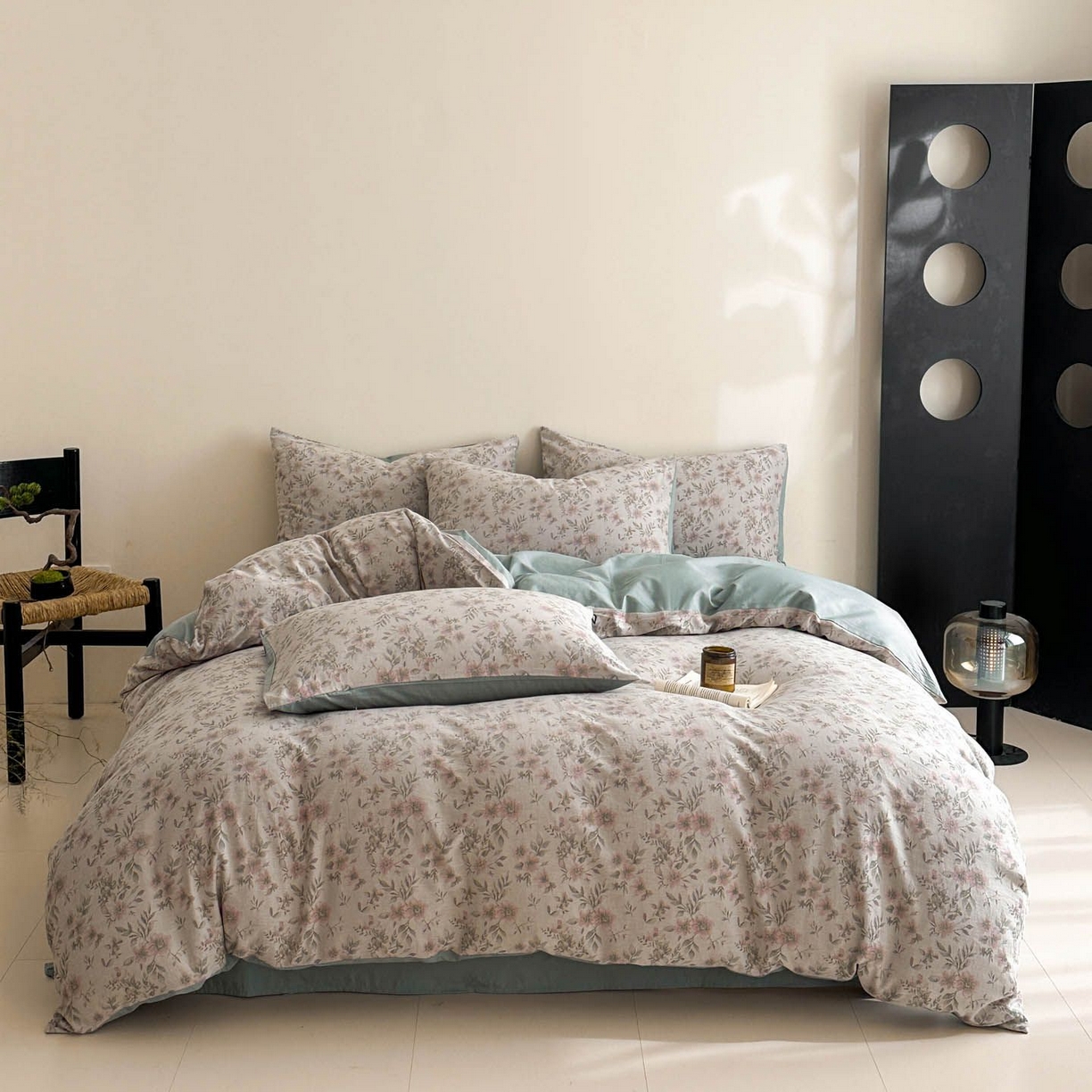 91家纺网 家纺一手货源 找家纺 涵宸家纺 2026新款全棉提花色坊系列四件套 素薇-粉绿