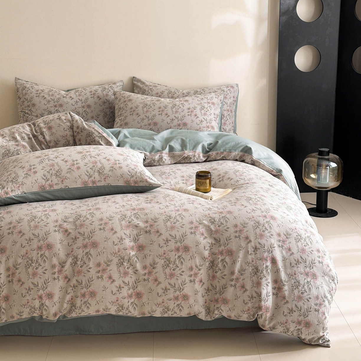 91家纺网 家纺一手货源 找家纺 涵宸家纺 2026新款全棉提花色坊系列四件套 素薇-粉绿