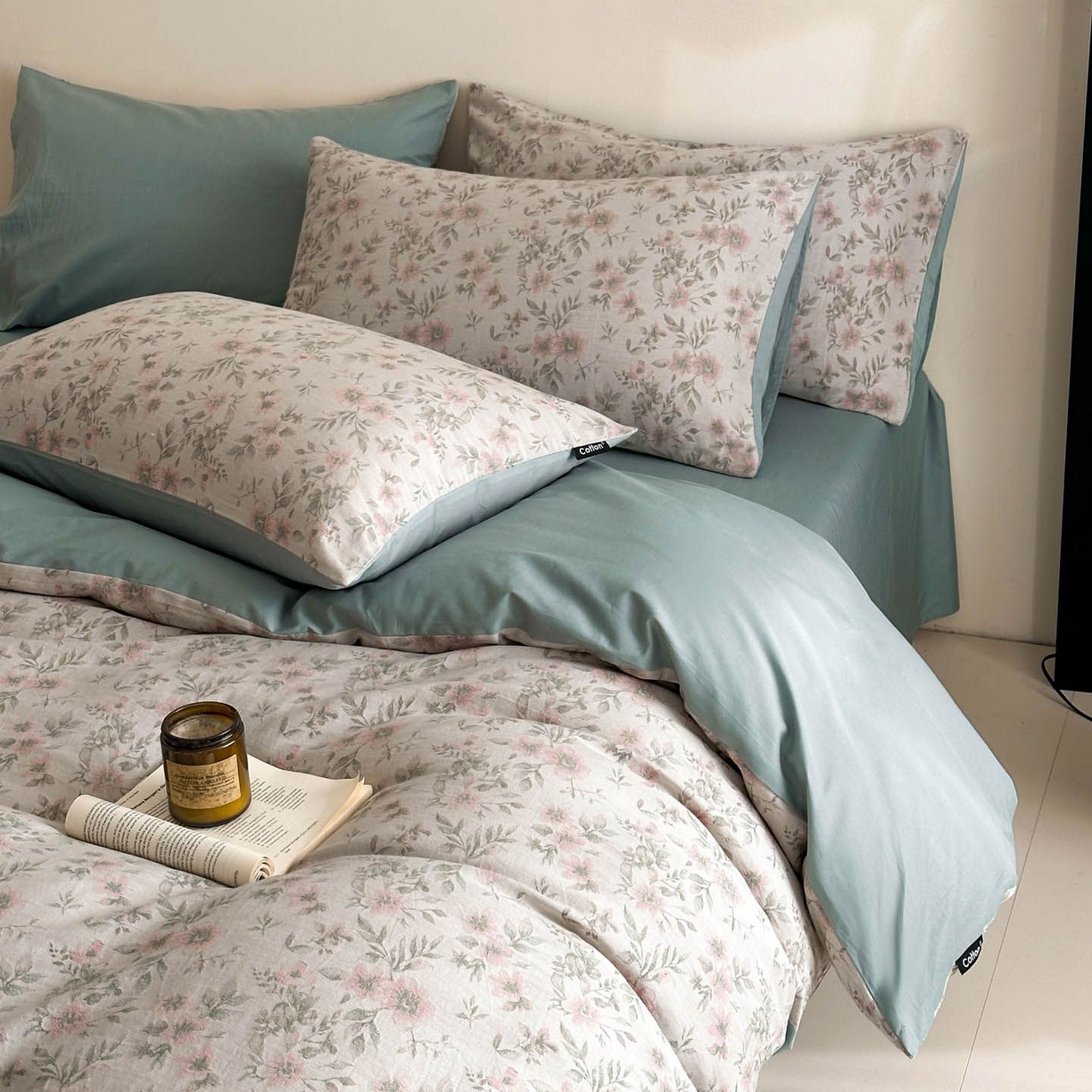 91家纺网 家纺一手货源 找家纺 涵宸家纺 2026新款全棉提花色坊系列四件套 素薇-粉绿