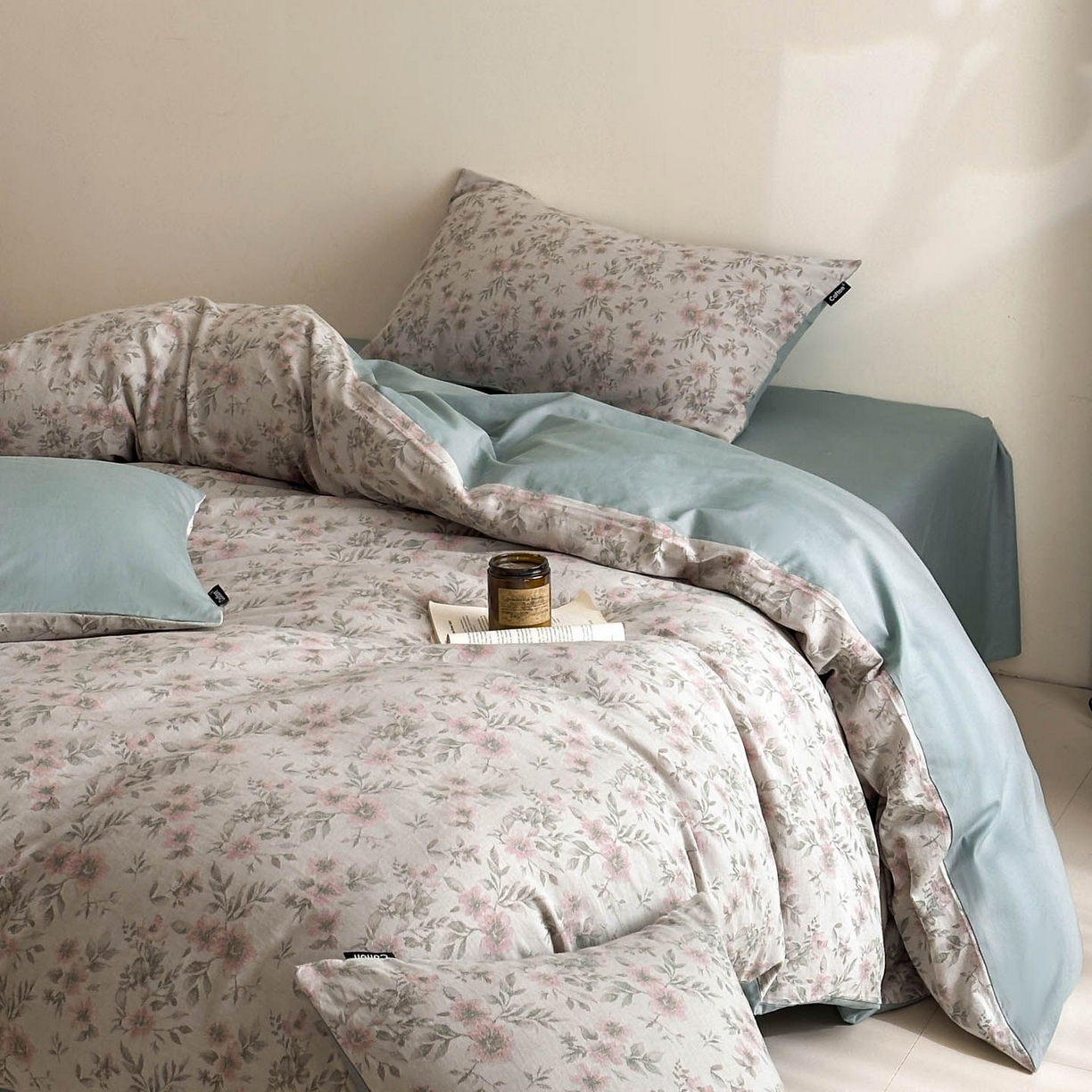 91家纺网 家纺一手货源 找家纺 涵宸家纺 2026新款全棉提花色坊系列四件套 素薇-粉绿