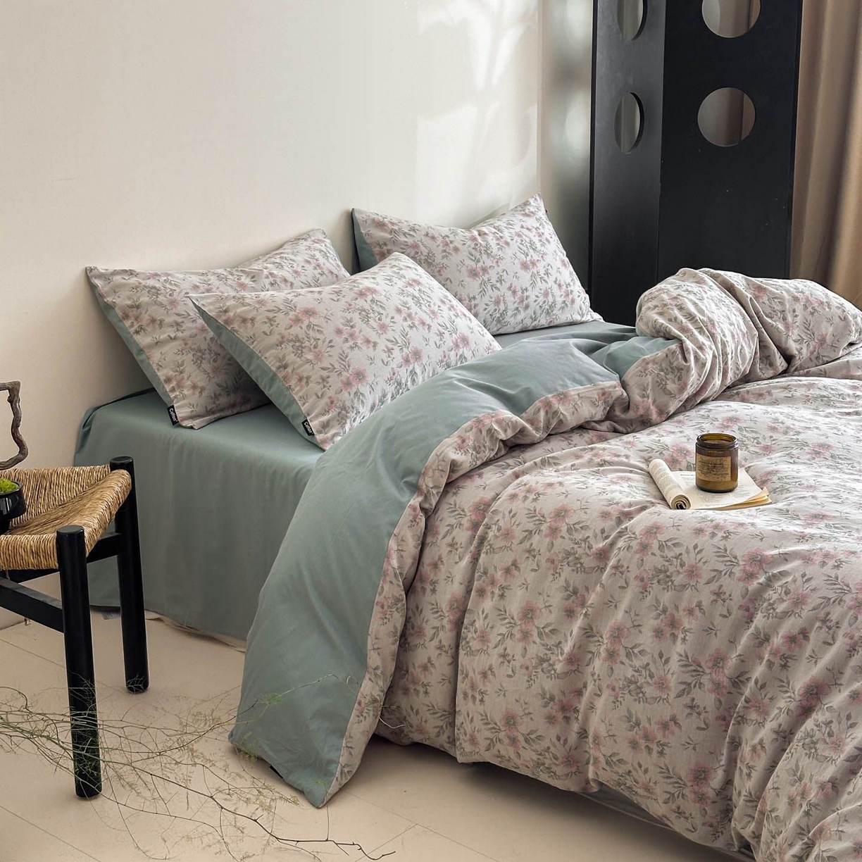 91家纺网 家纺一手货源 找家纺 涵宸家纺 2026新款全棉提花色坊系列四件套 素薇-粉绿