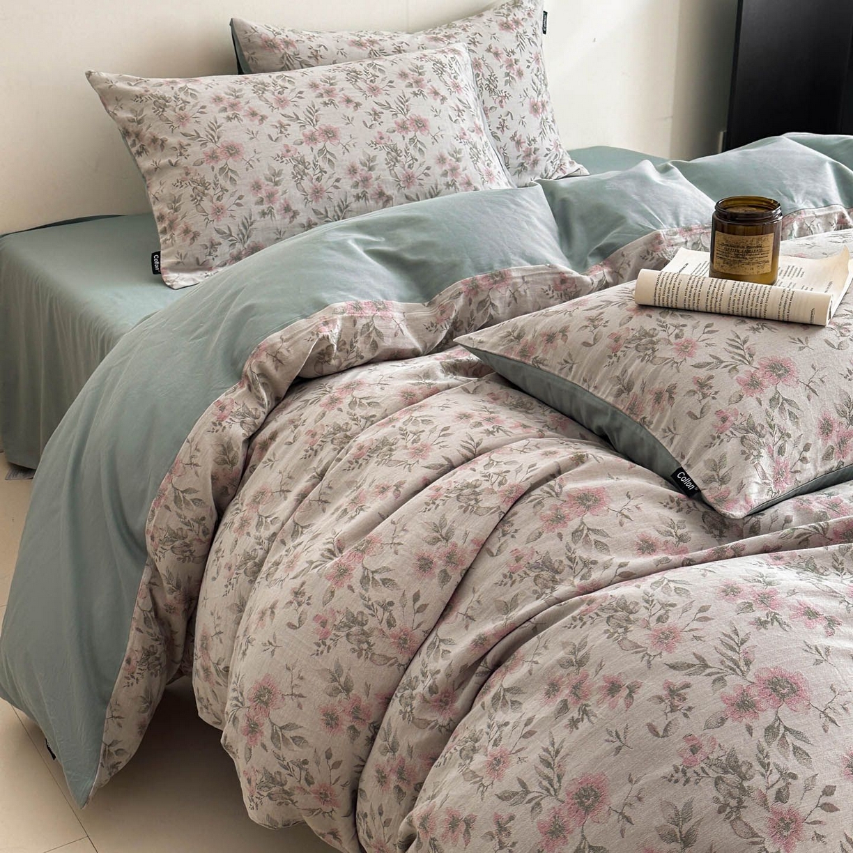91家纺网 家纺一手货源 找家纺 涵宸家纺 2026新款全棉提花色坊系列四件套 素薇-粉绿