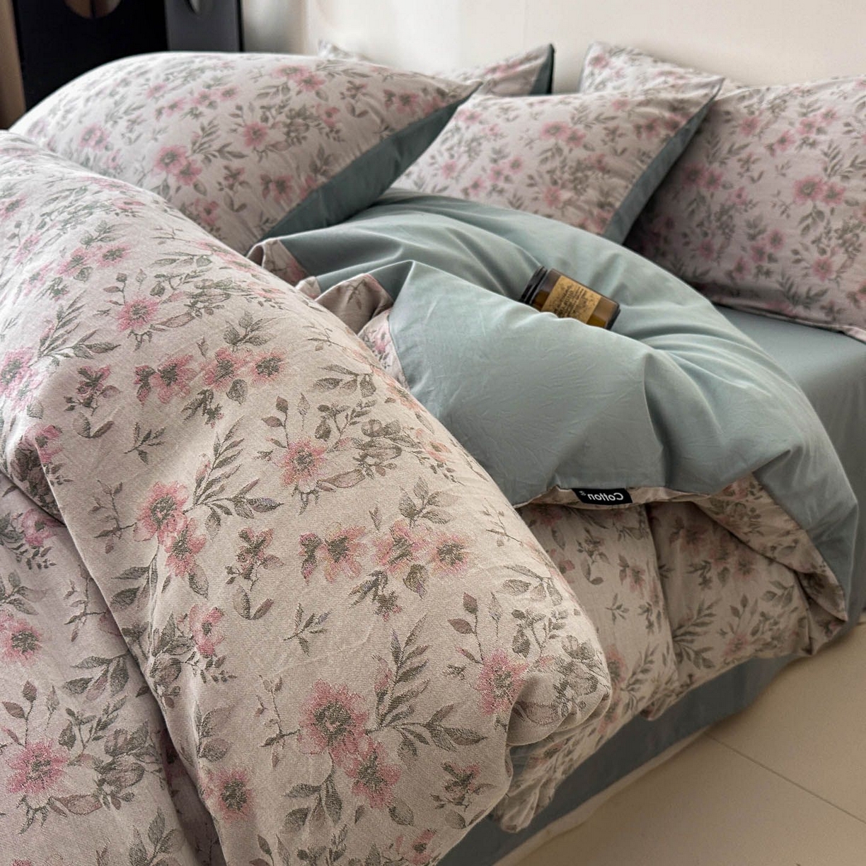 91家纺网 家纺一手货源 找家纺 涵宸家纺 2026新款全棉提花色坊系列四件套 素薇-粉绿