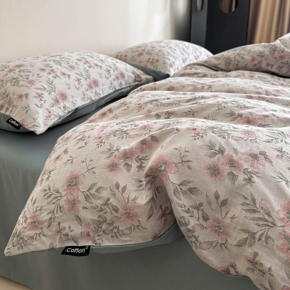 91家纺网 家纺一手货源 找家纺 涵宸家纺 2026新款全棉提花色坊系列四件套 素薇-粉绿