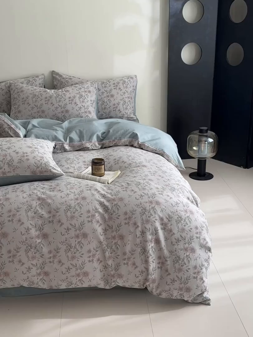 91家纺网 家纺一手货源 找家纺 涵宸家纺 2026新款全棉提花色坊系列四件套 素薇-粉绿