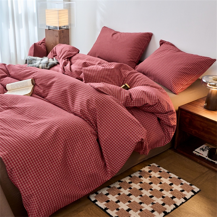 91家纺网 家纺一手货源 找家纺 兰紫橙家纺 2026新款全棉A类深色复古色织方格子水洗棉-赫本雅素系列（含买家秀和质检报告） 赫本红