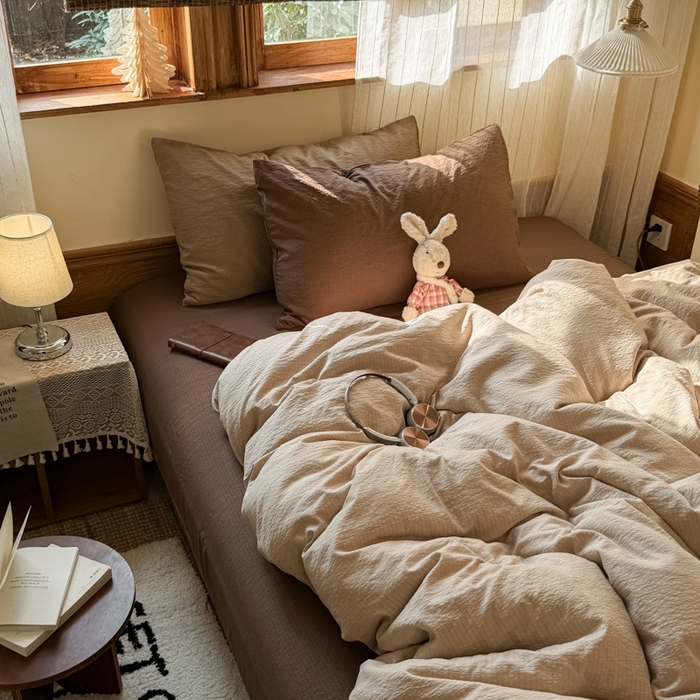 91家纺网 家纺一手货源 找家纺 （总）港岛妹妹 2026新款云感纱混搭纯色双拼四件套