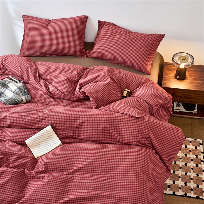 91家纺网 家纺一手货源 找家纺 兰紫橙家纺 2026新款全棉A类深色复古色织方格子水洗棉-赫本雅素系列（含买家秀和质检报告） 赫本红