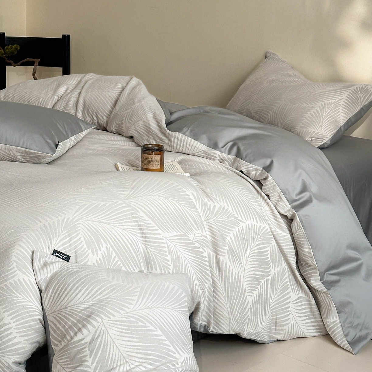 91家纺网 家纺一手货源 找家纺 涵宸家纺 2026新款全棉提花色坊系列四件套 叶影-灰