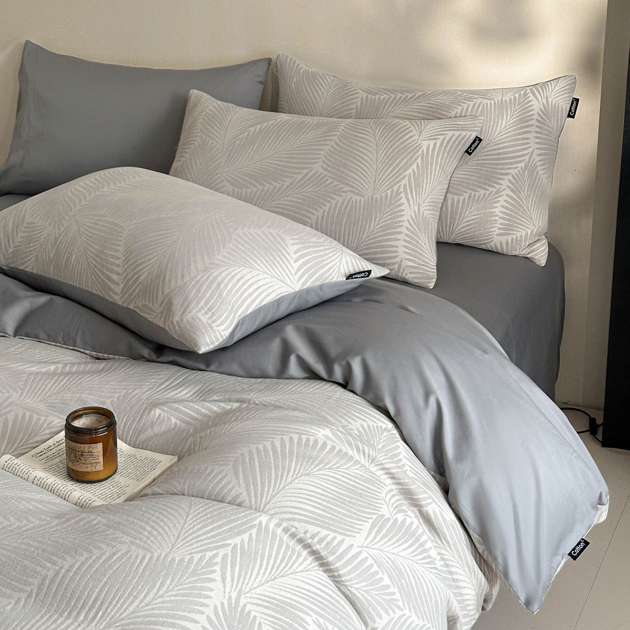 91家纺网 家纺一手货源 找家纺 涵宸家纺 2026新款全棉提花色坊系列四件套 叶影-灰