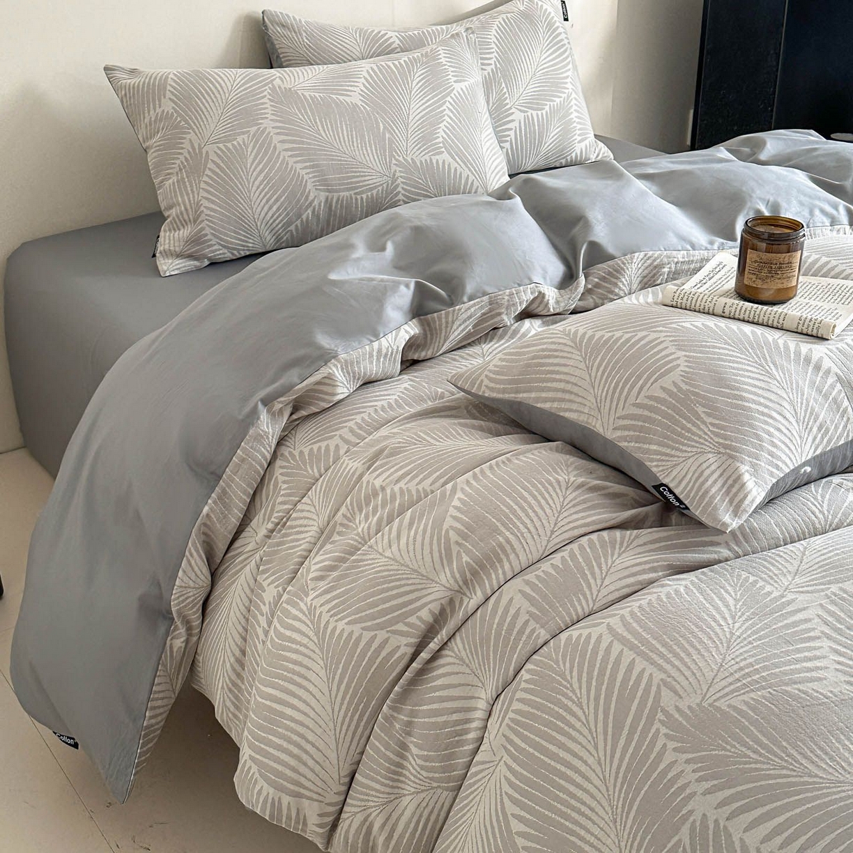 91家纺网 家纺一手货源 找家纺 涵宸家纺 2026新款全棉提花色坊系列四件套 叶影-灰