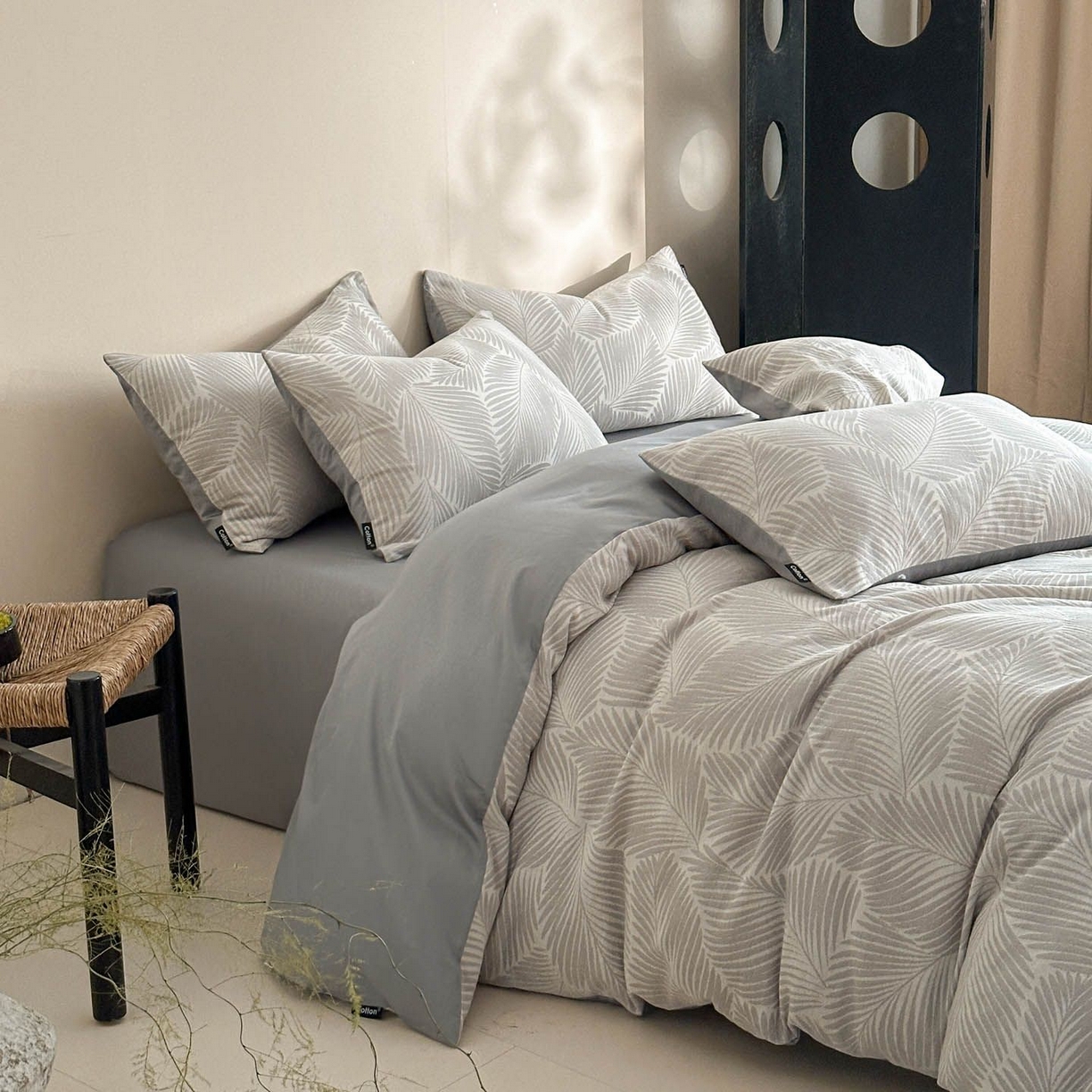 91家纺网 家纺一手货源 找家纺 涵宸家纺 2026新款全棉提花色坊系列四件套 叶影-灰