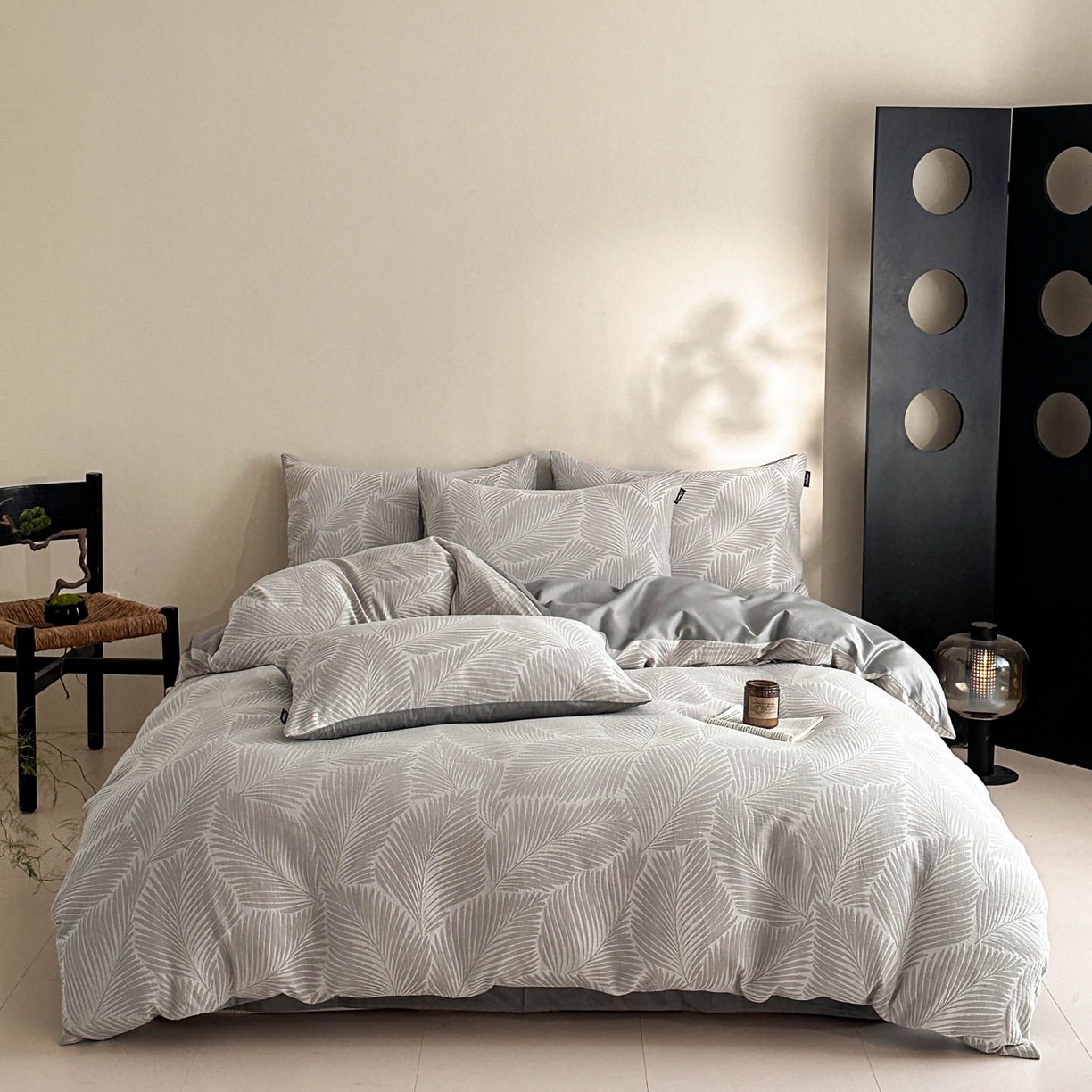 91家纺网 家纺一手货源 找家纺 涵宸家纺 2026新款全棉提花色坊系列四件套 叶影-灰