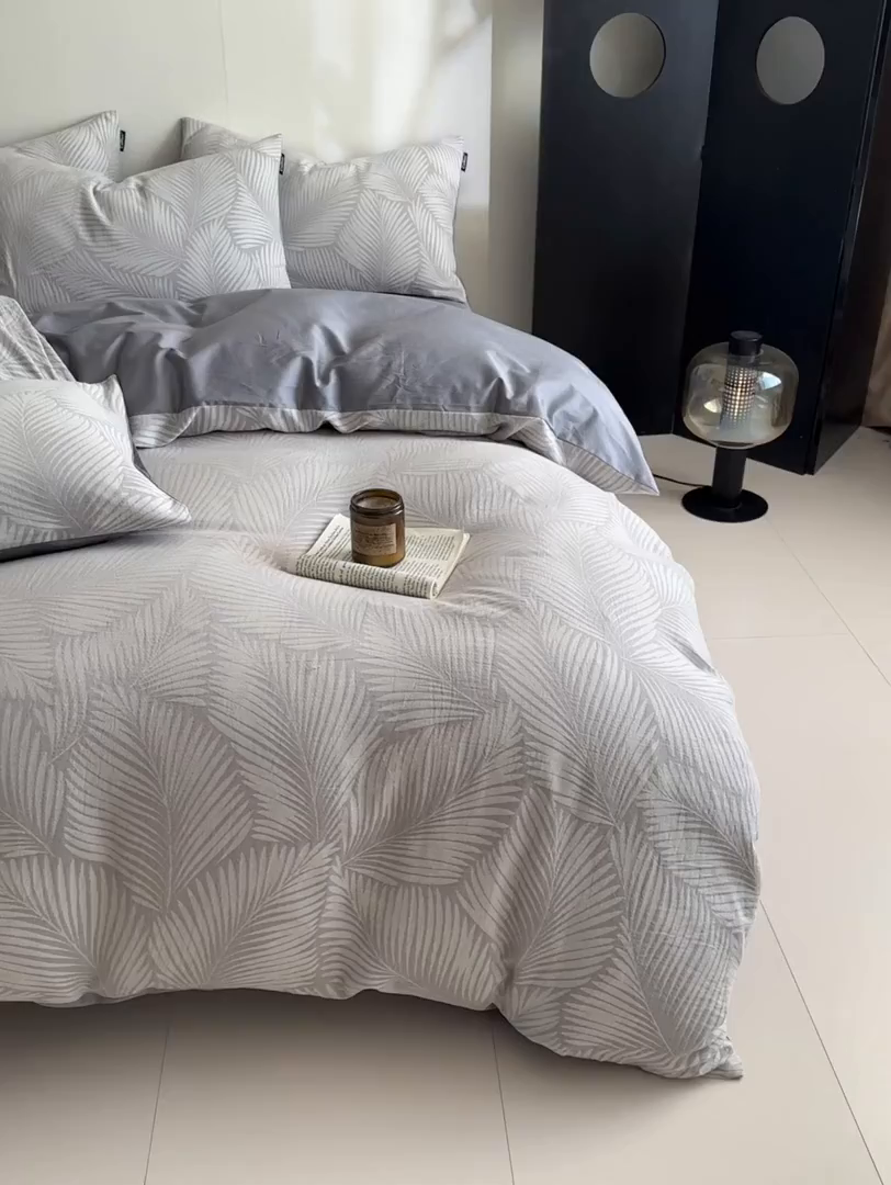 91家纺网 家纺一手货源 找家纺 涵宸家纺 2026新款全棉提花色坊系列四件套 叶影-灰