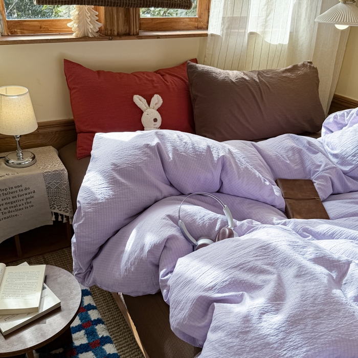 91家纺网 家纺一手货源 找家纺 港岛妹妹 2026新款云感纱混搭纯色双拼四件套 混搭 紫萝奶咖