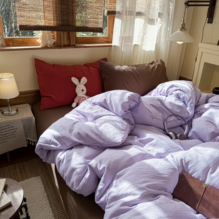 91家纺网 家纺一手货源 找家纺 港岛妹妹 2026新款云感纱混搭纯色双拼四件套 混搭 紫萝奶咖