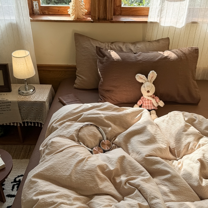 91家纺网 家纺一手货源 找家纺 港岛妹妹 2026新款云感纱混搭纯色双拼四件套 混搭 茶色山野