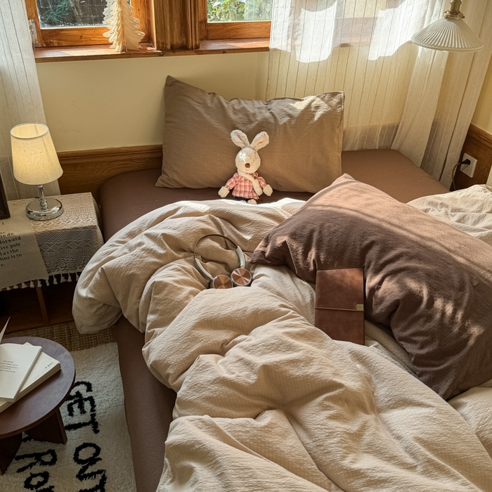 91家纺网 家纺一手货源 找家纺 港岛妹妹 2026新款云感纱混搭纯色双拼四件套 混搭 茶色山野