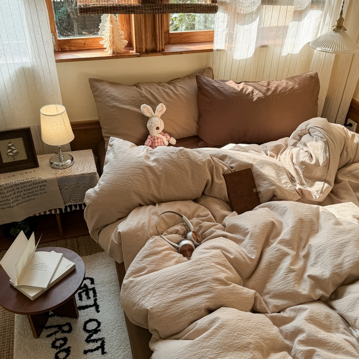 91家纺网 家纺一手货源 找家纺 港岛妹妹 2026新款云感纱混搭纯色双拼四件套 混搭 茶色山野