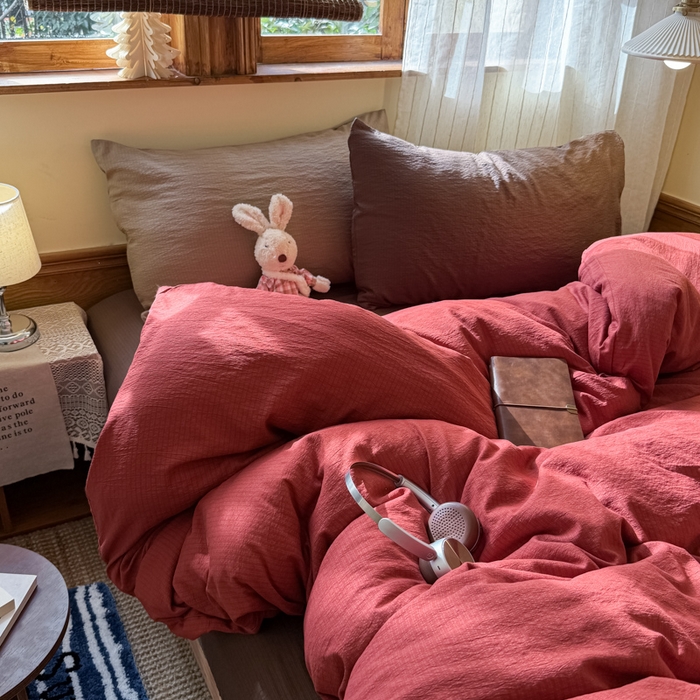 91家纺网 家纺一手货源 找家纺 港岛妹妹 2026新款云感纱混搭纯色双拼四件套 混搭 红红日记