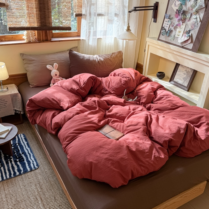 91家纺网 家纺一手货源 找家纺 港岛妹妹 2026新款云感纱混搭纯色双拼四件套 混搭 红红日记