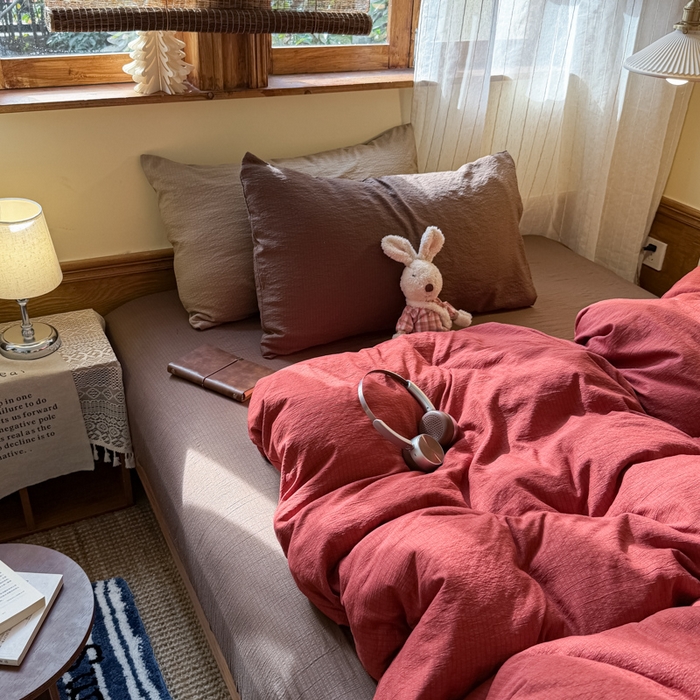 91家纺网 家纺一手货源 找家纺 港岛妹妹 2026新款云感纱混搭纯色双拼四件套 混搭 红红日记