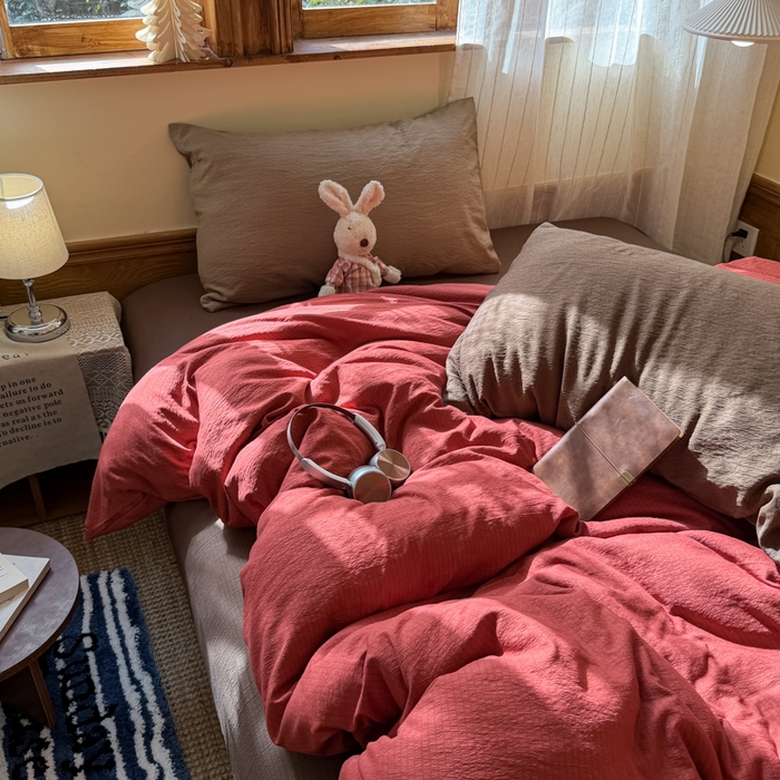 91家纺网 家纺一手货源 找家纺 港岛妹妹 2026新款云感纱混搭纯色双拼四件套 混搭 红红日记