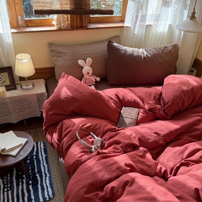 91家纺网 家纺一手货源 找家纺 港岛妹妹 2026新款云感纱混搭纯色双拼四件套 混搭 红红日记