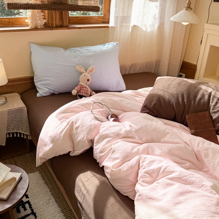 91家纺网 家纺一手货源 找家纺 港岛妹妹 2026新款云感纱混搭纯色双拼四件套 混搭 蜜糖少女